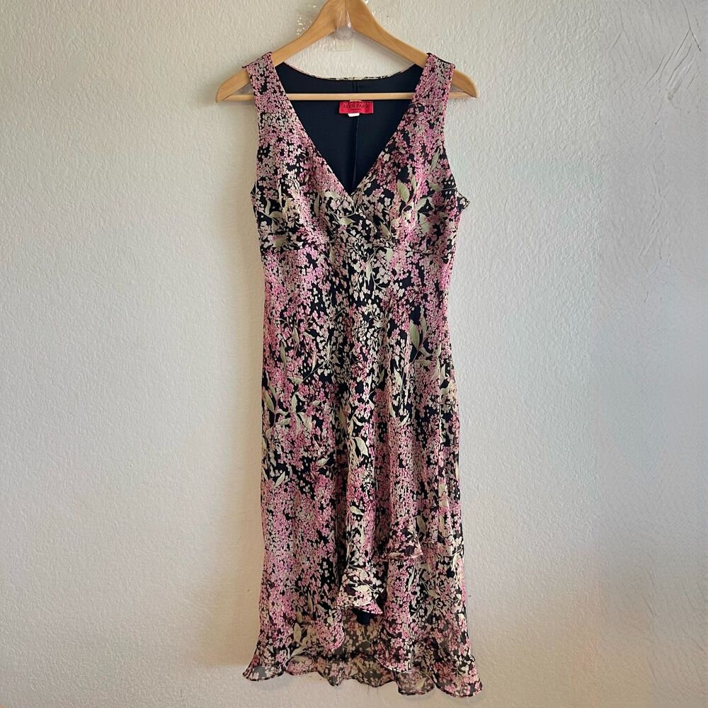 ALYN PAIGE Vtg 90s V-Neck Floral Black Ruffle Asymmetrical Midi Dress Womens 7/8